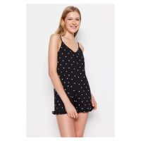 Trendyol Black 100% Cotton Polka Dot and Heart Patterned Ruffle Detailed Knitted Jumpsuit