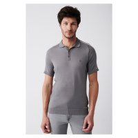 Avva Men's Gray Polo Neck Shoulder Stripe Detailed Ribbed Regular Fit Knitwear T-shirt