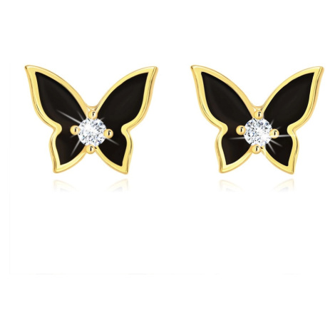 Náušnice ve žlutém 14K zlatě - malý motýlek pokrytý černou glazurou, čirý zirkon Šperky eshop