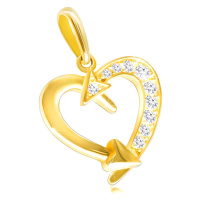 Diamantový přívěsek ze žlutého 14K zlata - kontura srdce zdobená šípy, čiré brilianty