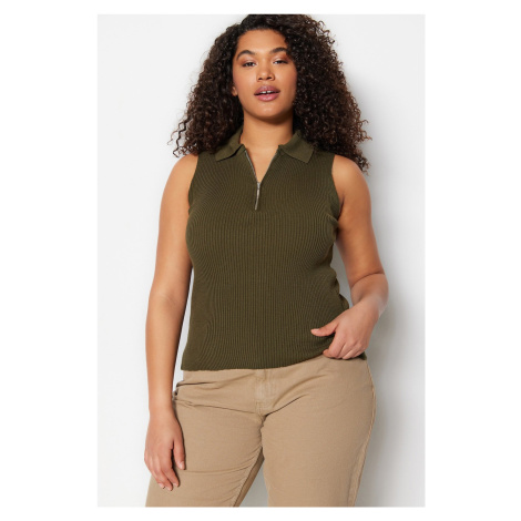 Trendyol Curve Dark Green Body-Crap, Fine-knit Tricot With Zippered Blouse