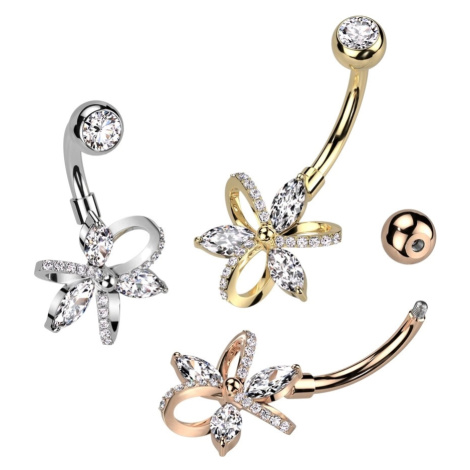 Ocelový piercing do pupíku - květina s kulatými a zrnitými zirkony - Barva piercing: Zlatá Šperky eshop