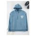 Trendyol Blue Oversize/Wide Cut Printed Cotton Fleece Sweatshirt