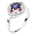 Prsten ze stříbra 925, modrý okrouhlý zirkon, čiré a růžové kamínky