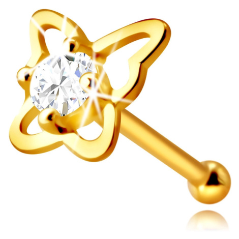 Zlatý piercing do nosu ze 14K zlata - kontura motýla s kulatým zirkonem čiré barvy, 2,25 mm Šperky eshop