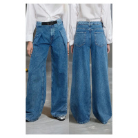 Trendyol Blue Belt Detailed Pleated High Waist Wide Leg Jeans