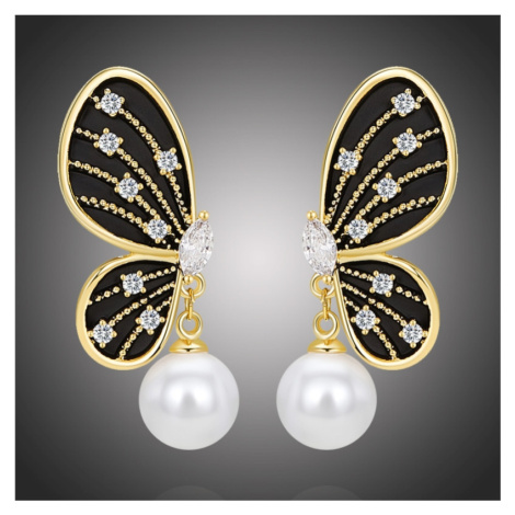 Éternelle Náušnice s perlou a zirkony Estafania - motýl E1381-E1993 Černá Bílá