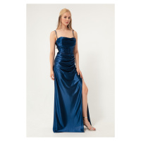 Lafaba Women's Navy Blue Underwire Corset Detailed Long Slit Evening Dress.