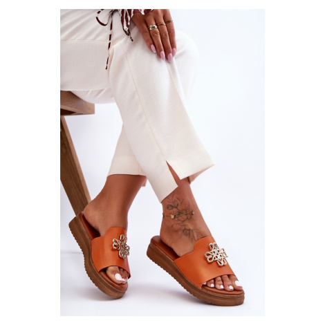 Dámské kožené sandály na platformě s ozdobou oranžovou Azera Kesi