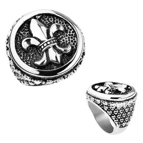 Prsten z oceli, stříbrná barva, patina, Fleur de Lis v kruhu, srdíčka Šperky eshop