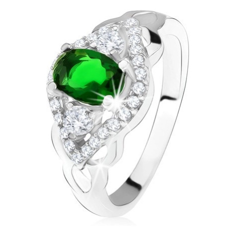 Stříbrný prsten 925, tmavě zelený kámen, lem z čirých zirkonů, tvar oka Šperky eshop