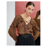 Koton Leopard Patterned Blouse Chiffon Long Sleeve Frilly V-Neck