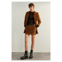 Trendyol Dark Brown Premium High Quality Belt Faux Leather Velvet Mini Woven Skirt