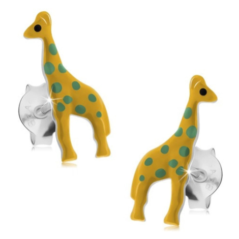 Puzetové náušnice, stříbro 925, žlutá glazovaná žirafa se zelenými tečkami Šperky eshop