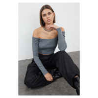 Trendyol Dark Gray Fitted Super Crop Carmen Collar Ribbed Stretch Knitted Blouse