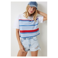 Happiness İstanbul Women's White Blue Crew Neck Striped Knitted T-Shirt