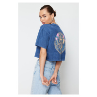 Trendyol Indigo 100% Cotton Faded Effect Back Printed Crop Crew Neck Knitted T-Shirt