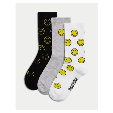 Sada tří párů dětských ponožek v bílé, šedé a černé barvě s motivem Marks & Spencer SmileyWorld®