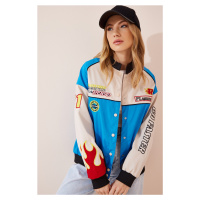 Happiness İstanbul Women's Blue Racing Patched College Bomber Jacket