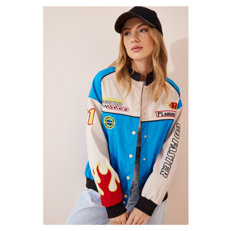 Happiness İstanbul Women's Blue Racing Patched College Bomber Coat