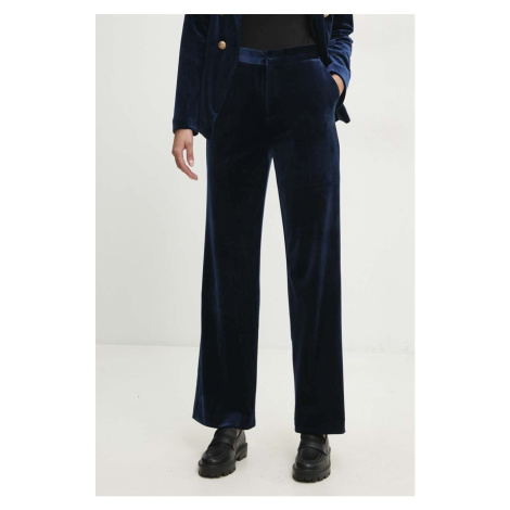 Velurové kalhoty Answear Lab tmavomodrá barva, high waist