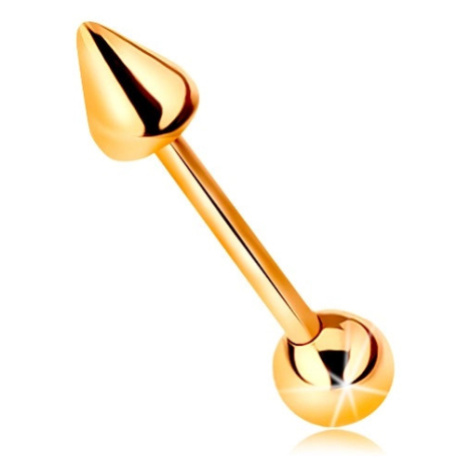Zlatý 9K piercing - lesklá rovná činka s kuličkou a kuželem, 10 mm Šperky eshop