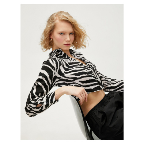 Koton Zebra Print Satin Crop Shirt Long Sleeved