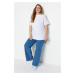 Trendyol Curve White Navy Blue Collar Ribbed Boyfriend Knitted T-shirt