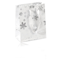 Taštička na dárek bílé barvy - zimní motiv s vločkami ve stříbrném barevném provedení, stužky