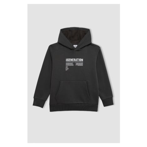 DEFACTO Boy Anthracite Pocket Text Printed Hooded Thick School Sweatshirt