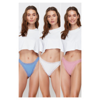 Trendyol White-Pink-Blue 3-Pack 100% Cotton Ribbed Lace Detailed String Knitted Briefs