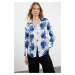 Trendyol Navy Blue Woven Satin Rose Patterned Oversize Wide Fit Shirt