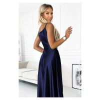 CHIARA - Elegantní tmavě modré dámské dlouhé saténové maxi šaty na ramínkách 299-12