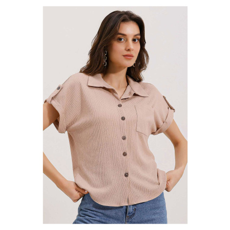 Bigdart 20187 Short Sleeve Oversize Knitted Shirt - Biscuit