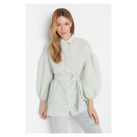 Trendyol Green Striped Belted Balloon Behind the Sleeves Long Woven Shirt