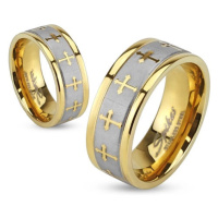Prsten z oceli zlaté barvy, stříbrný saténový pás, jetelové kříže