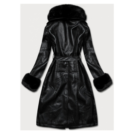 Černý dámský kožený kabát s kožešinovým límcem (OMDL-021) Ann Gissy |  Modio.cz