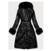 Černý dámský kožený kabát s kožešinovým límcem (OMDL-021)