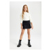 DEFACTO Girl Basic Plain Gabardine Pleated Black Shorts Skirt