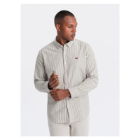 Men's cotton REGULAR FIT shirt with fine stripes - beige V1 OM-SHOS-0170