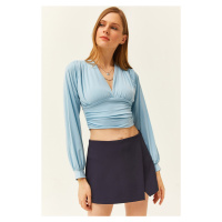 Olalook Women's Baby Blue Deep-Collected Crop Top with Band Waist