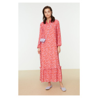 Trendyol Red Floral Half Patties with Frill Trim Lined Woven Dress