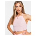 ASOS DESIGN lace up back high neck beach co ord top in pink texture