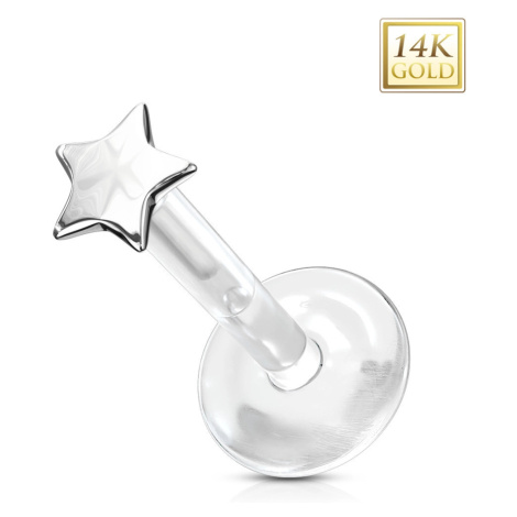 Piercing z bílého 14K zlata do tragu, nosu, rtu - malá hvězdička, průhledný Bioflex Šperky eshop