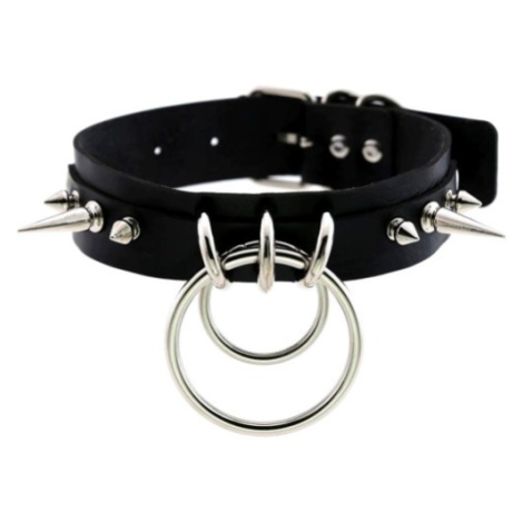 Camerazar Kožený náhrdelník obojek Goth s dvojitým kruhem a hroty, černý, šířka 3 cm, délka 44 c