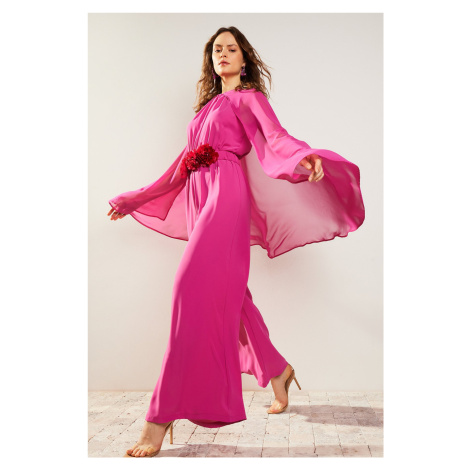 Trendyol Fuchsia Flower Belted Chiffon Cape Satin Evening Dress Jumpsuit