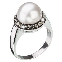 Evolution Group Stříbrný prsten s šedými krystaly Swarovski a bílou perlou 35021.3