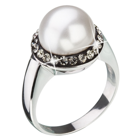 Evolution Group Stříbrný prsten s šedými krystaly Swarovski a bílou perlou 35021.3