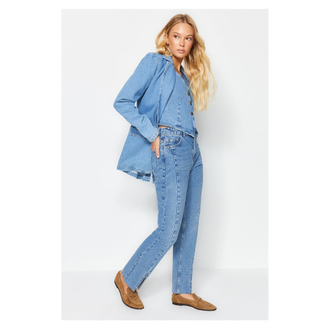Trendyol modré rovné džíny s vysokým pasem s detailním prošíváním a rozparky