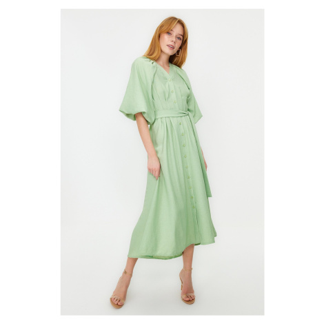 Trendyol Light Green Belted Half Balloon Sleeve Linen Look Woven Shirt Dress